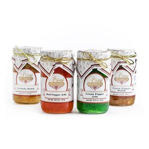 red pepper jelly, green pepper jelly, tomato relish, artichoke relish